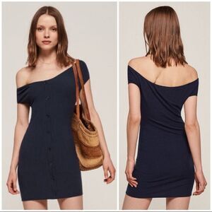 Reformation Malbec Off The Shoulder Ribbed Dress Navy Blue Size Medium